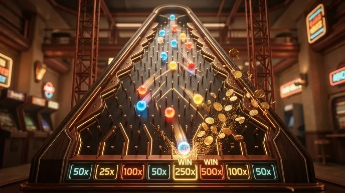 Tavola di Plinko su Winnita con palline che rimbalzano sui pioli verso le caselle dei moltiplicatori